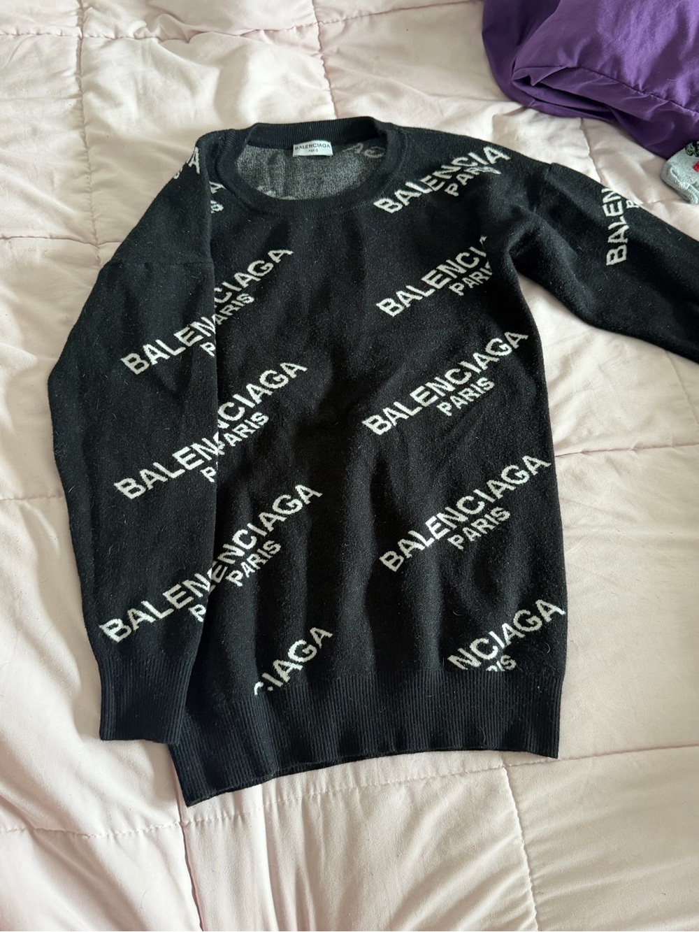 Balenciaga Black Crewneck Sweater with White Logo Allover
